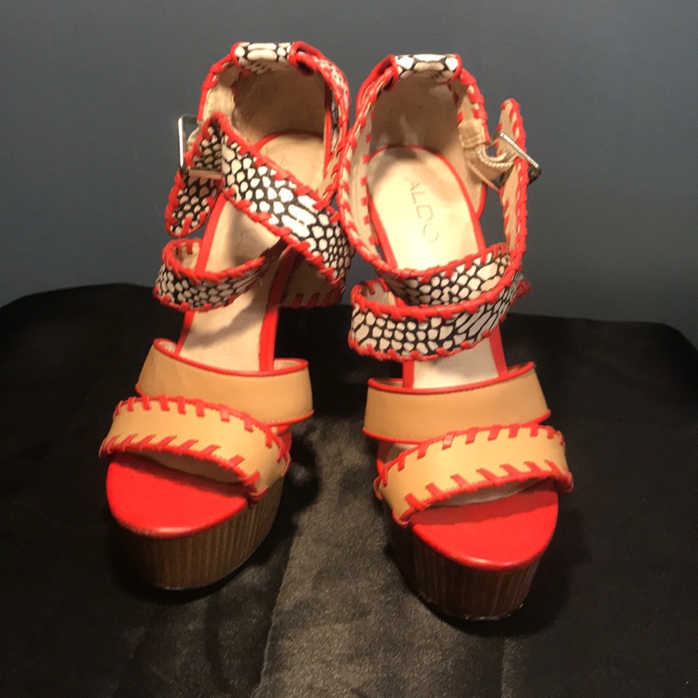Aldo colorful high heel peep toe wedge sandals.